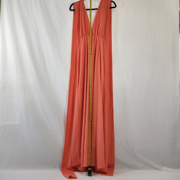 V-Neckline Long Prom Dress by Studio F Size 8 Coral Color 85% Poly. Worn Once! - Picture 6 of 16